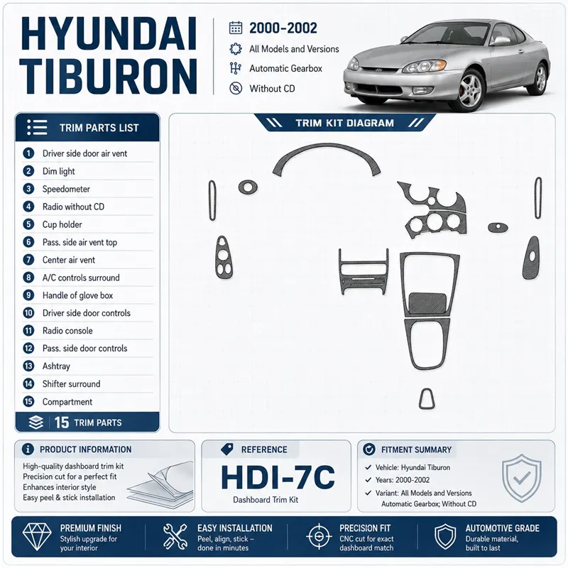 Hyundai Tiburon 2000–2002 Automatic Gearbox; Without CD 3D sada dekorov interiéru palubnej dosky 15-dielna