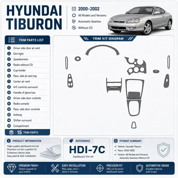 Hyundai Tiburon 2000–2002 Automatic Gearbox; Without CD 3D sada dekorov interiéru palubnej dosky 15-dielna
