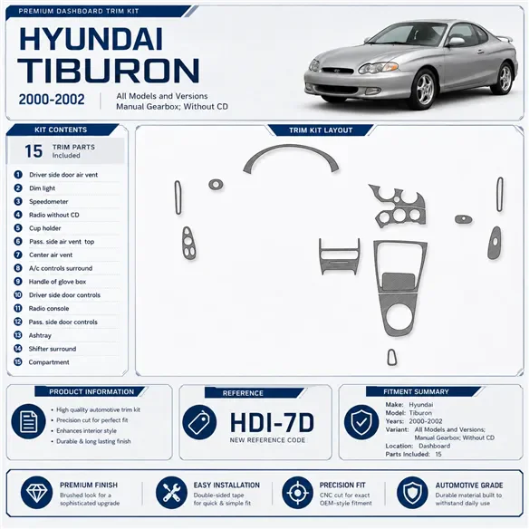 Hyundai Tiburon 2000–2002 Manual Gearbox; Without CD 3D sada dekorov interiéru palubnej dosky 15-dielna