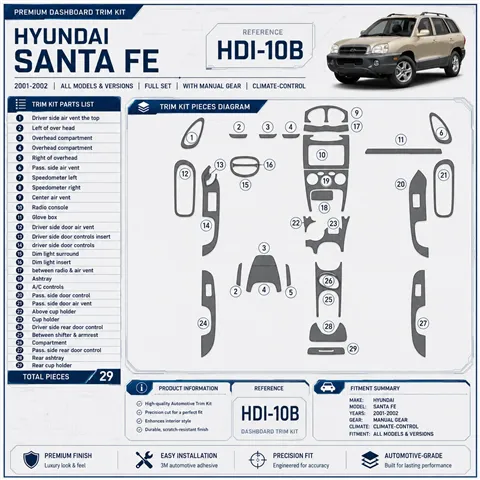 Hyundai Santa Fe 2001–2002 kompletná sada; With Manual Gear; klimatizácia-Control 3D sada dekorov interiéru palubnej dosky 29-di