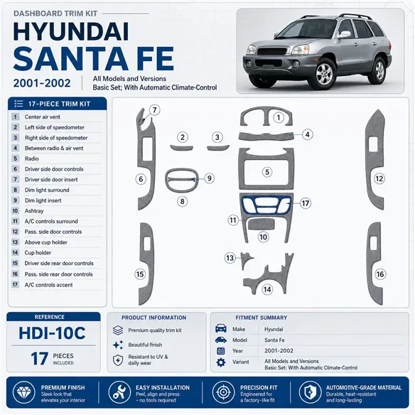 Hyundai Santa Fe 2001–2002 základná sada; With Automatic klimatizácia-Control 3D sada dekorov interiéru palubnej dosky 17-dielna