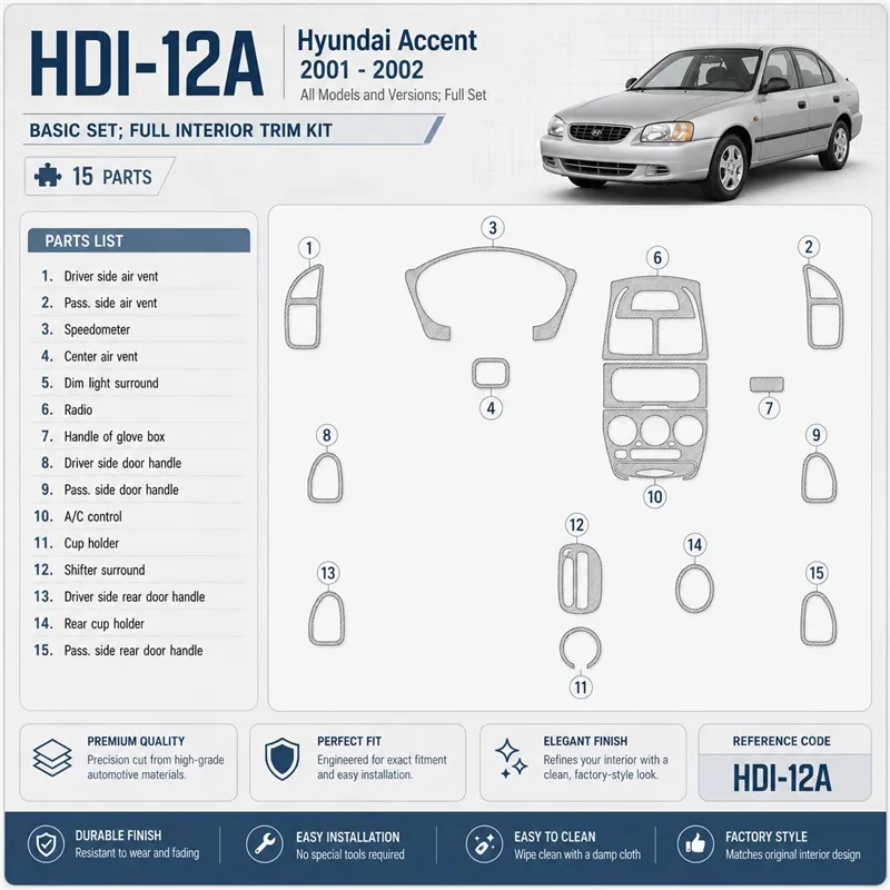 Hyundai Accent 2001–2002 kompletná sada 3D sada dekorov interiéru palubnej dosky 15-dielna