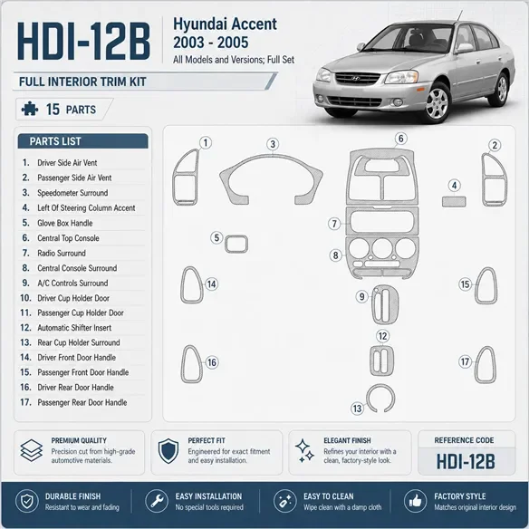 Hyundai Accent 2003–2005 kompletná sada 3D sada dekorov interiéru palubnej dosky 15-dielna