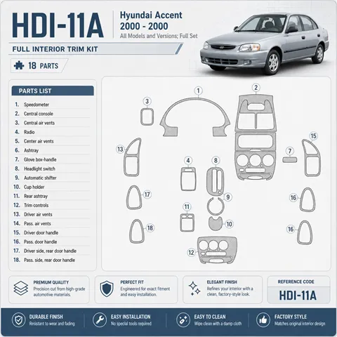 Hyundai Accent 2000–2000 kompletná sada 3D sada dekorov interiéru palubnej dosky 18-dielna
