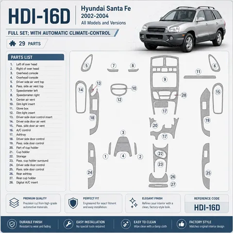 Hyundai Santa Fe 2002–2004 kompletná sada; With Automatic klimatizácia-Control 3D sada dekorov interiéru palubnej dosky 29-dieln