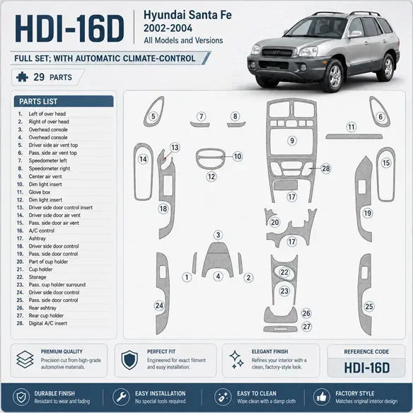 Hyundai Santa Fe 2002–2004 kompletná sada; With Automatic klimatizácia-Control 3D sada dekorov interiéru palubnej dosky 29-dieln