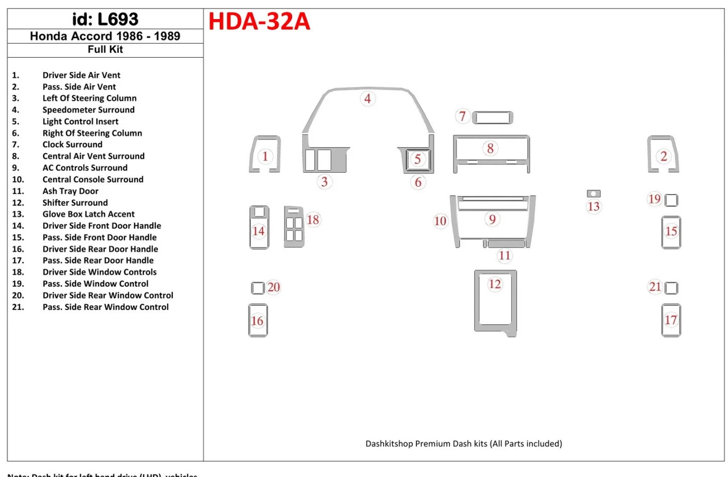 Honda Accord 1986-1989 Kompletná súprava interiéru BD Dash Trim Kit - 1