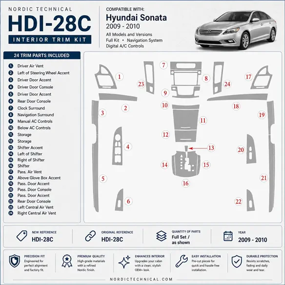 Hyundai Sonata 2009–2010 kompletná sada; s navigáciou NAVI; Automatic AC Controls 3D sada dekorov interiéru palubnej dosky kompl