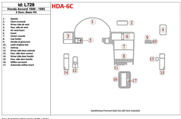 Honda Accord 1990-1993 2 dvere, základná sada, sada 17 dielov Interiér BD Dash Trim Kit - 1 Honda Accord 1990-1993 2 dvere, základná sada, sada 17 dielov Interiér BD Dash Trim Kit - 1