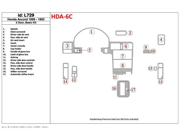 Honda Accord 1990-1993 2 dvere, základná sada, sada 17 dielov Interiér BD Dash Trim Kit - 1