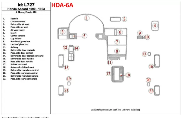 Honda Accord 1990-1993 4 dvere, základná sada, sada 22 dielov Interiér BD Dash Trim Kit - 1 Honda Accord 1990-1993 4 dvere, základná sada, sada 22 dielov Interiér BD Dash Trim Kit - 1
