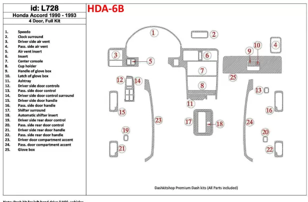 Honda Accord 1990-1993 4 dvere, kompletná sada, sada 25 dielov Interiér BD Dash Trim Kit - 1