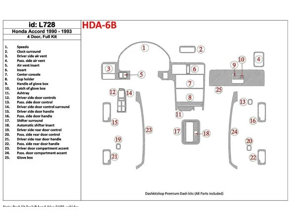 Honda Accord 1990-1993 4 dvere, kompletná sada, sada 25 dielov Interiér BD Dash Trim Kit - 1