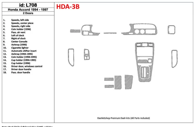 Honda Accord 1994-1997 2 dvere, kompletná sada, sada 18 dielov Interiér BD Dash Trim Kit - 1 Honda Accord 1994-1997 2 dvere, kompletná sada, sada 18 dielov Interiér BD Dash Trim Kit - 1
