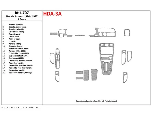 Honda Accord 1994-1997 4 dvere, kompletná sada, sada 21 dielov Interiér BD Dash Trim Kit - 1