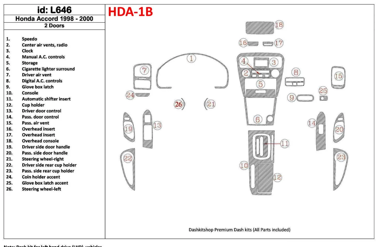 Honda Accord 1998-2000 Kompletná súprava 2 dverí, súprava 26 dielov, Súprava vnútorného obloženia palubnej dosky BD - 1