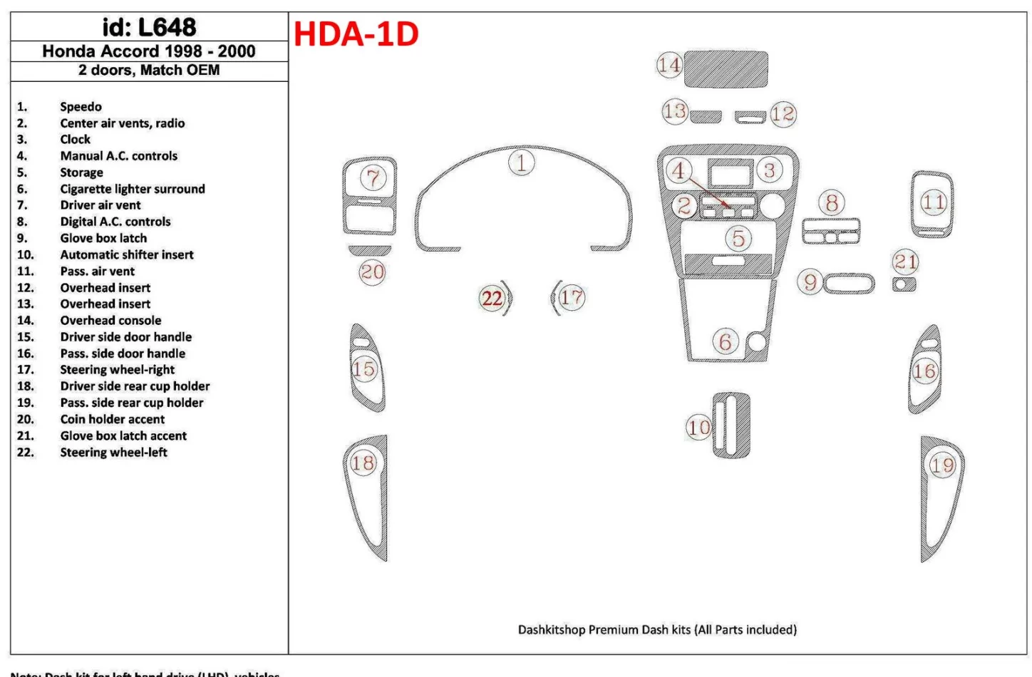 Honda Accord 1998-2000 2 dvere, Mtach OEM, sada 22 dielov Interiér BD Dash Trim Kit - 1