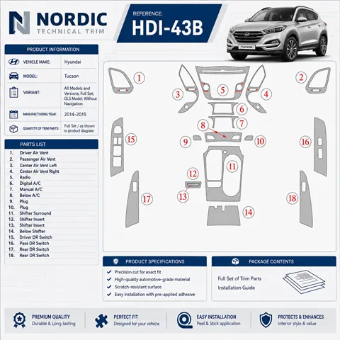 Hyundai Tucson 2014–2015 kompletná sada; s navigáciou NAVI; Limited Model 3D sada dekorov interiéru palubnej dosky kompletná sad