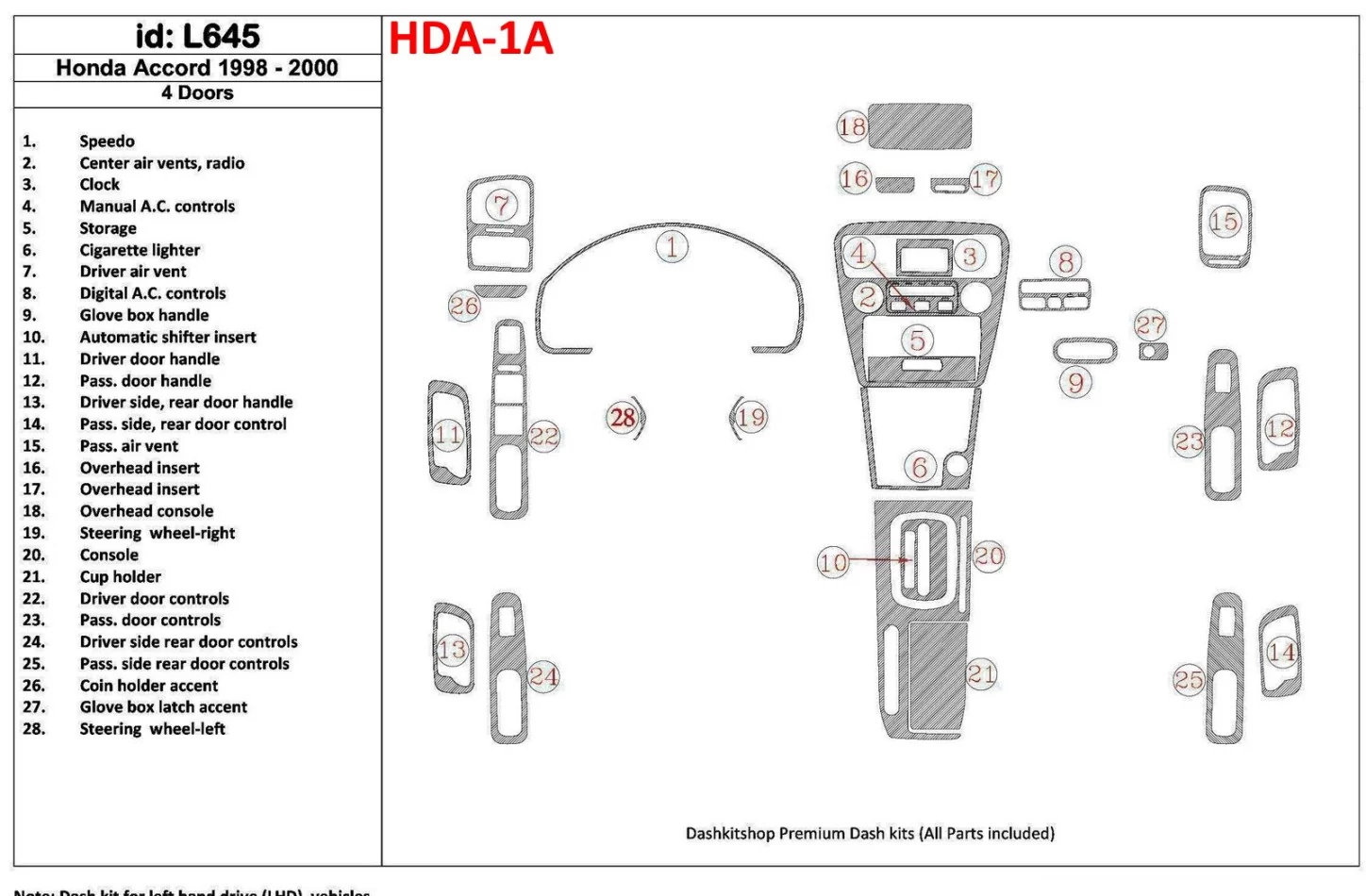 Honda Accord 1998-2000 4 dvere, kompletná sada, sada 28 dielov Interiér BD Dash Trim Kit - 1