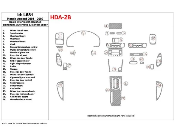 Honda Accord 2001-2002 2 dvere, základná sada, sada 26 dielov Interiér BD Dash Trim Kit - 1