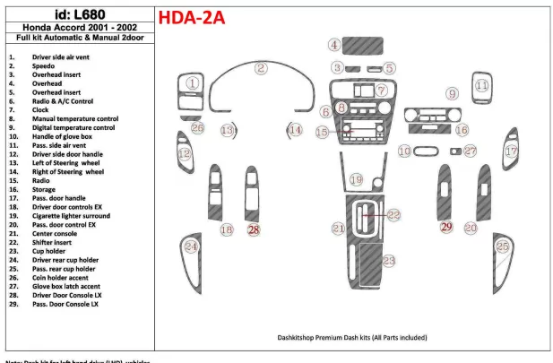 Honda Accord 2001-2002 2 dvere, kompletná sada, sada 27 dielov Interiér BD Dash Trim Kit - 1 Honda Accord 2001-2002 2 dvere, kompletná sada, sada 27 dielov Interiér BD Dash Trim Kit - 1