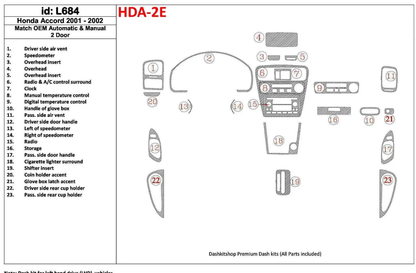 Honda Accord 2001-2002 2 dvere, zhoda OEM, súprava 23 dielov Interiér BD Dash Trim Kit - 1
