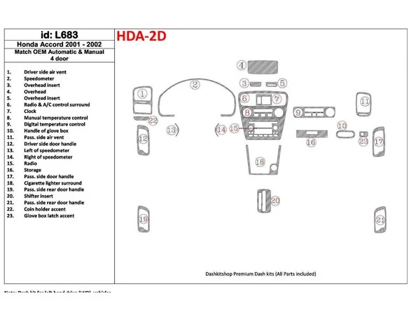 Honda Accord 2001-2002 4 dvere, zhoda OEM, sada 23 dielov Interiér BD Dash Trim Kit - 1