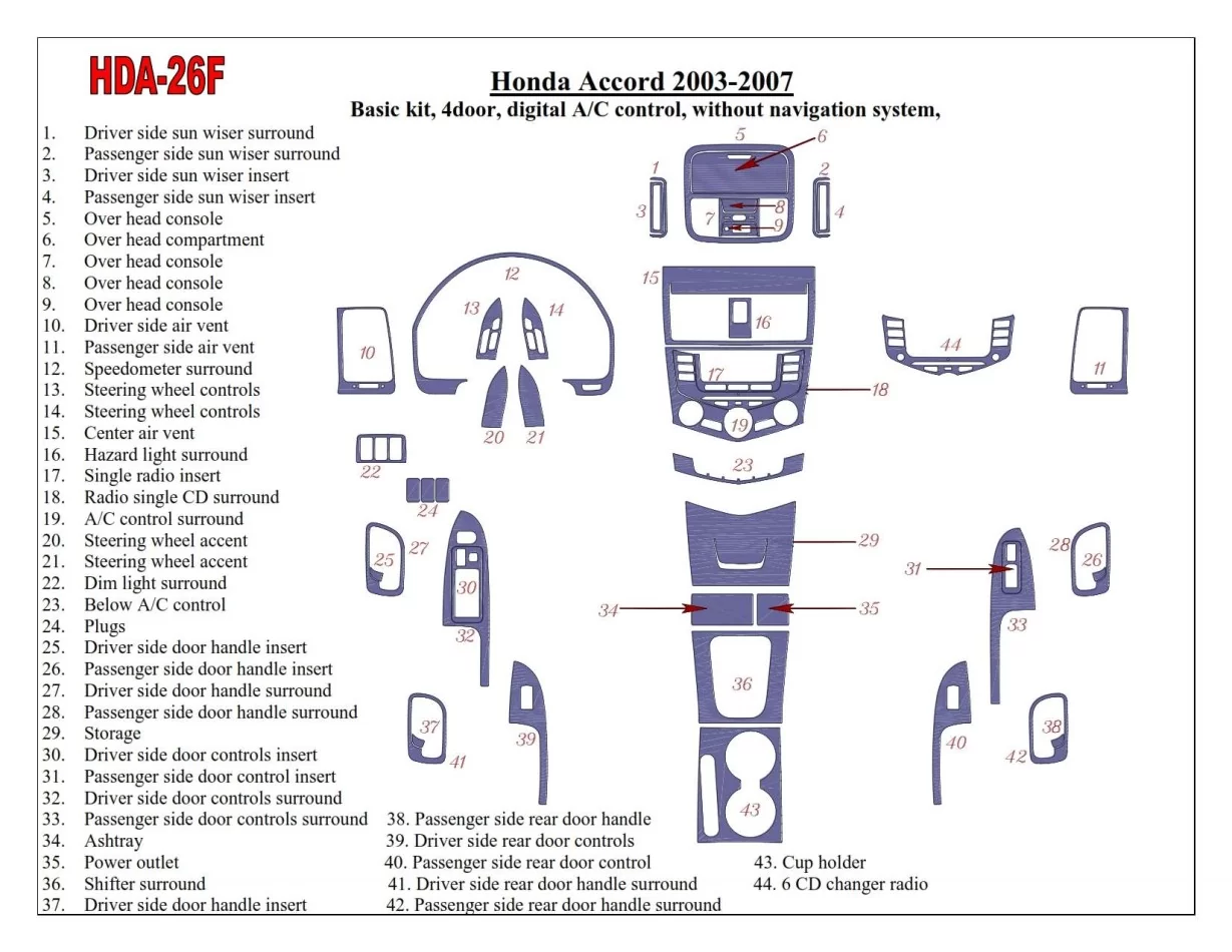 Základná sada Honda Accord 2003-2007, Automatická klimatizácia, Bez systému NAVI, Súprava 4 dverí interiéru BD Dash Trim Kit - 1
