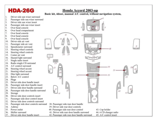 Základná sada Honda Accord 2003-2007, Manuálna prevodovka Ovládanie klimatizácie, Bez systému NAVI, Súprava 4-dverového interiér