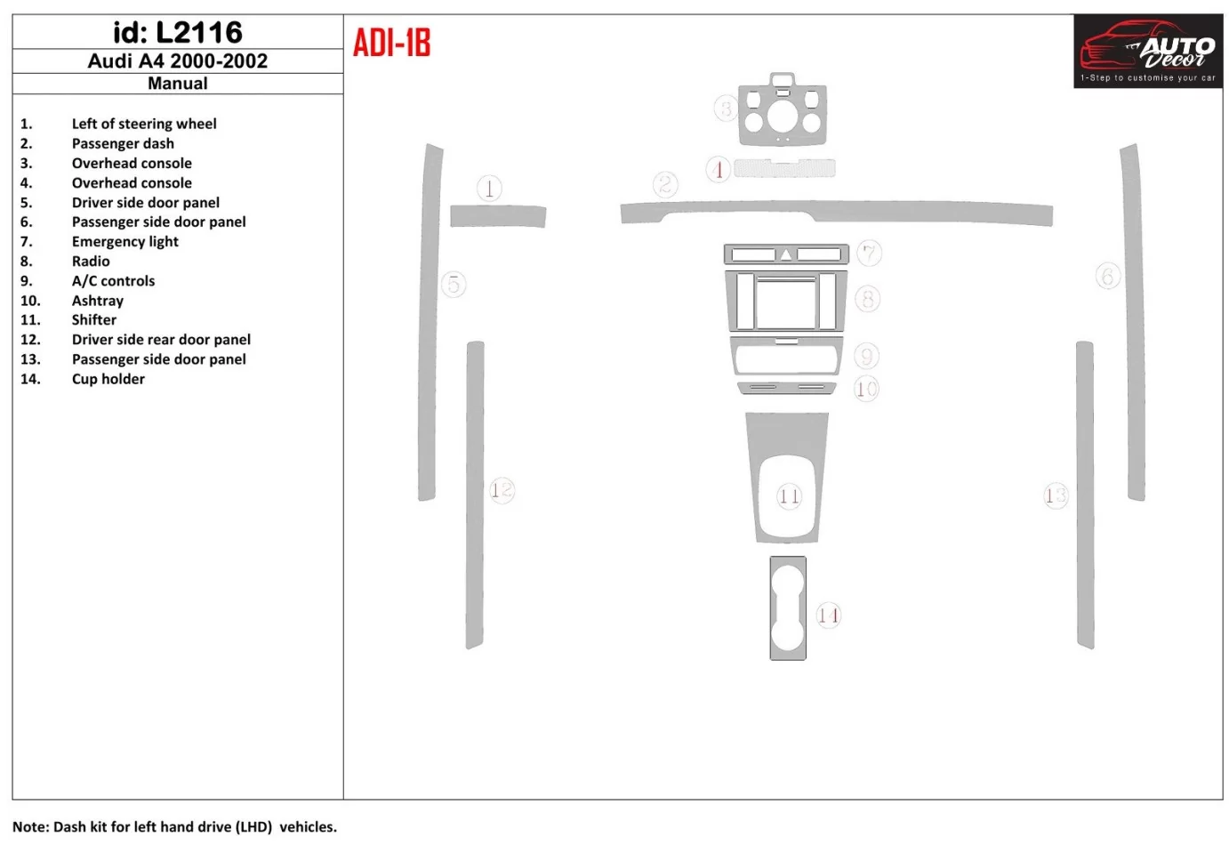 Audi A4 2000-2001 Kompletná sada, Manual.G Interiér BD Dash Trim Kit - 1