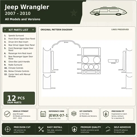 Jeep Wrangler 2007–2010 3D sada dekorov interiéru palubnej dosky 12-dielna