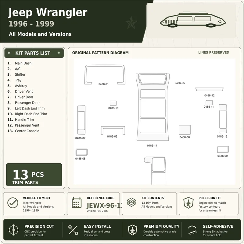 Jeep Wrangler 1996–1999 3D sada dekorov interiéru palubnej dosky 13-dielna