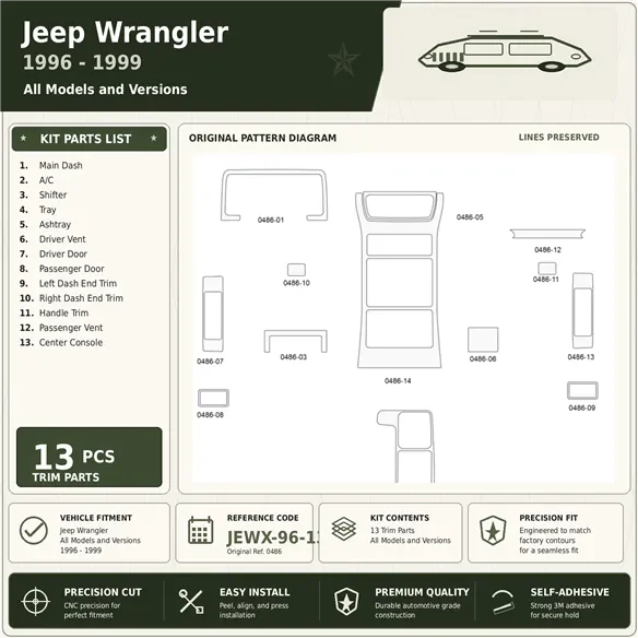 Jeep Wrangler 1996–1999 3D sada dekorov interiéru palubnej dosky 13-dielna