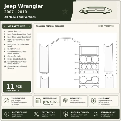 Jeep Wrangler 2007–2010 3D sada dekorov interiéru palubnej dosky 11-dielna