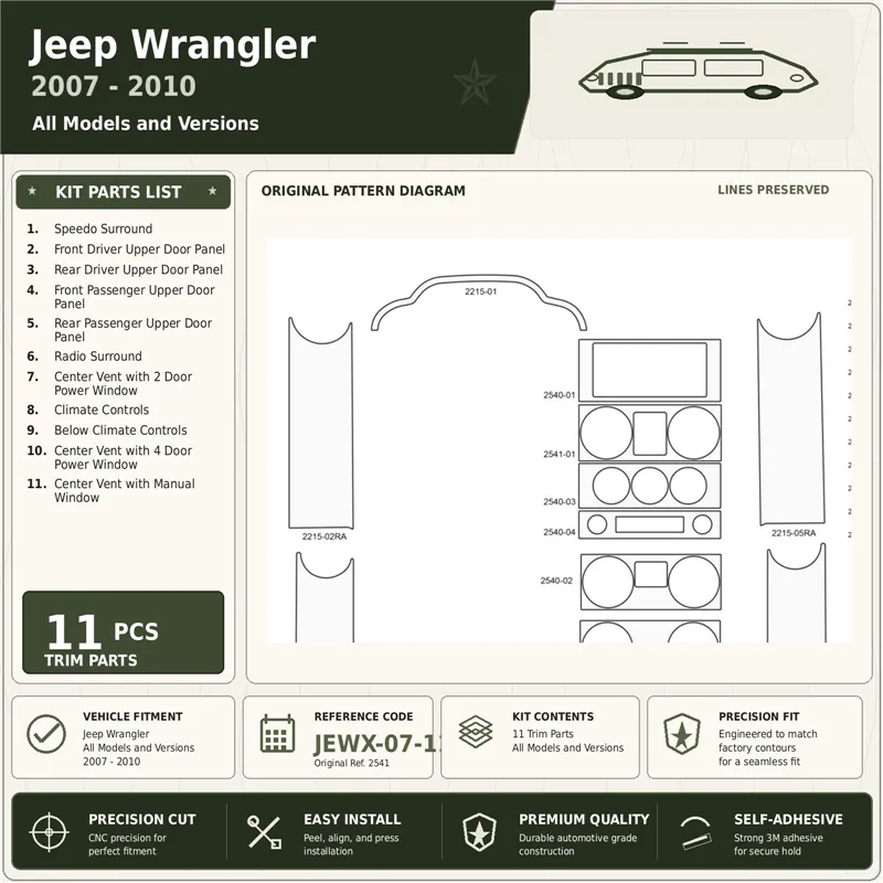 Jeep Wrangler 2007–2010 3D sada dekorov interiéru palubnej dosky 11-dielna