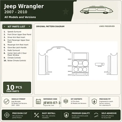 Jeep Wrangler 2007–2010 3D sada dekorov interiéru palubnej dosky 10-dielna