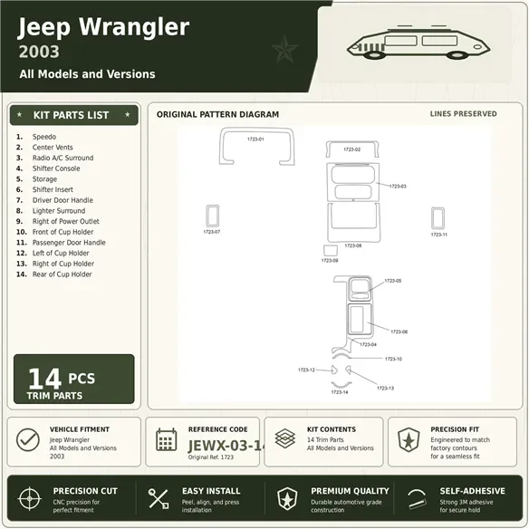 Jeep Wrangler 2003 3D sada dekorov interiéru palubnej dosky 14-dielna
