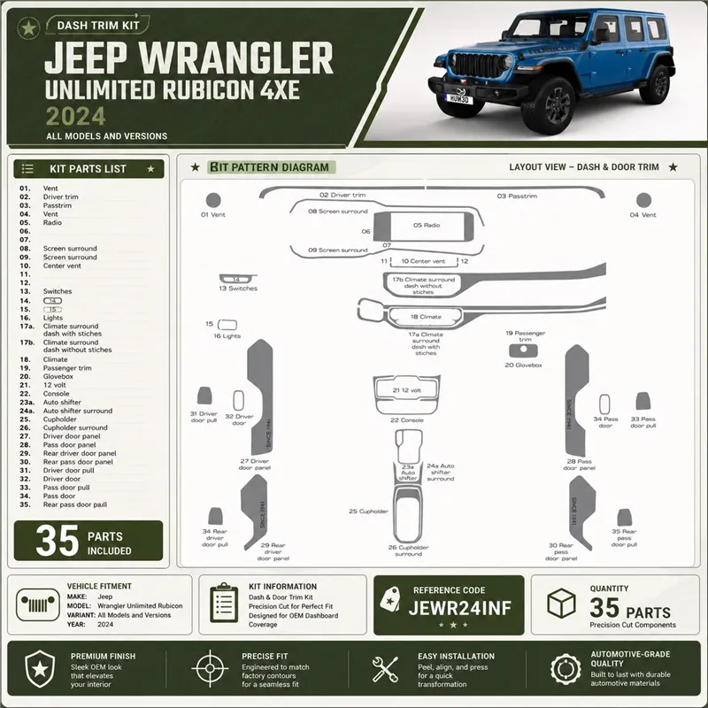 Jeep Wrangler Unlimited Rubicon 2024 3D sada dekorov interiéru palubnej dosky 35-dielna