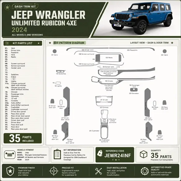Jeep Wrangler Unlimited Rubicon 2024 3D sada dekorov interiéru palubnej dosky 35-dielna
