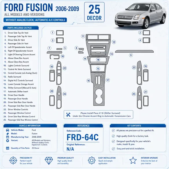Ford Fusion 2006–2009 With Automatic Clock; Automatic A/C Controls 3D sada dekorov interiéru palubnej dosky podľa produktového n