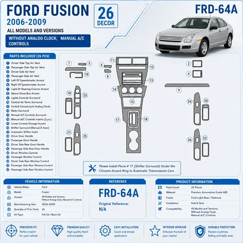 Ford Fusion 2006–2009 With Automatic Clock; Manual Gearbox A/C Controls 3D sada dekorov interiéru palubnej dosky podľa produktov