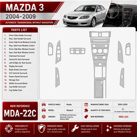 Mazda Mazda3 2004–2009 Automatic Gearbox; bez navigácie NAVI 3D sada dekorov interiéru palubnej dosky podľa produktového nákresu