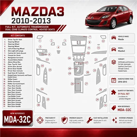 Mazda Mazda3 2010–2013 kompletná sada; Automatic Gearbox; two-zone klimatizácia-Control; Heated Seats 3D sada dekorov interiéru 