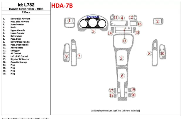 Honda Civic 1996-1998 2 dvere, kompletná sada, 20 dielov Interiér BD Dash Trim Kit - 1