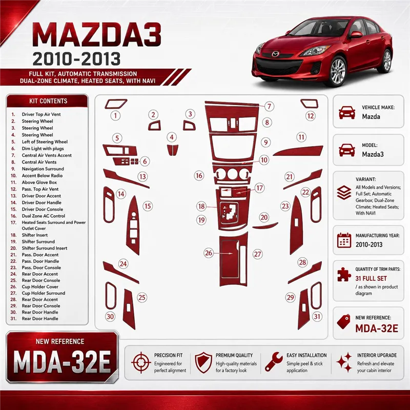 Mazda Mazda3 2010–2013 kompletná sada; Automatic Gearbox, 2-Zone klimatizácia; Heated Seats; s navigáciou NAVI 3D sada dekorov i