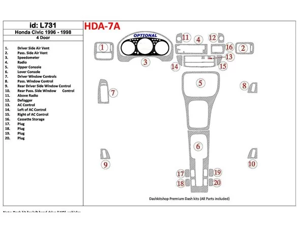 Honda Civic 1996-1998 4 dvere, kompletná sada, sada 20 dielov Interiér BD Dash Trim Kit - 1