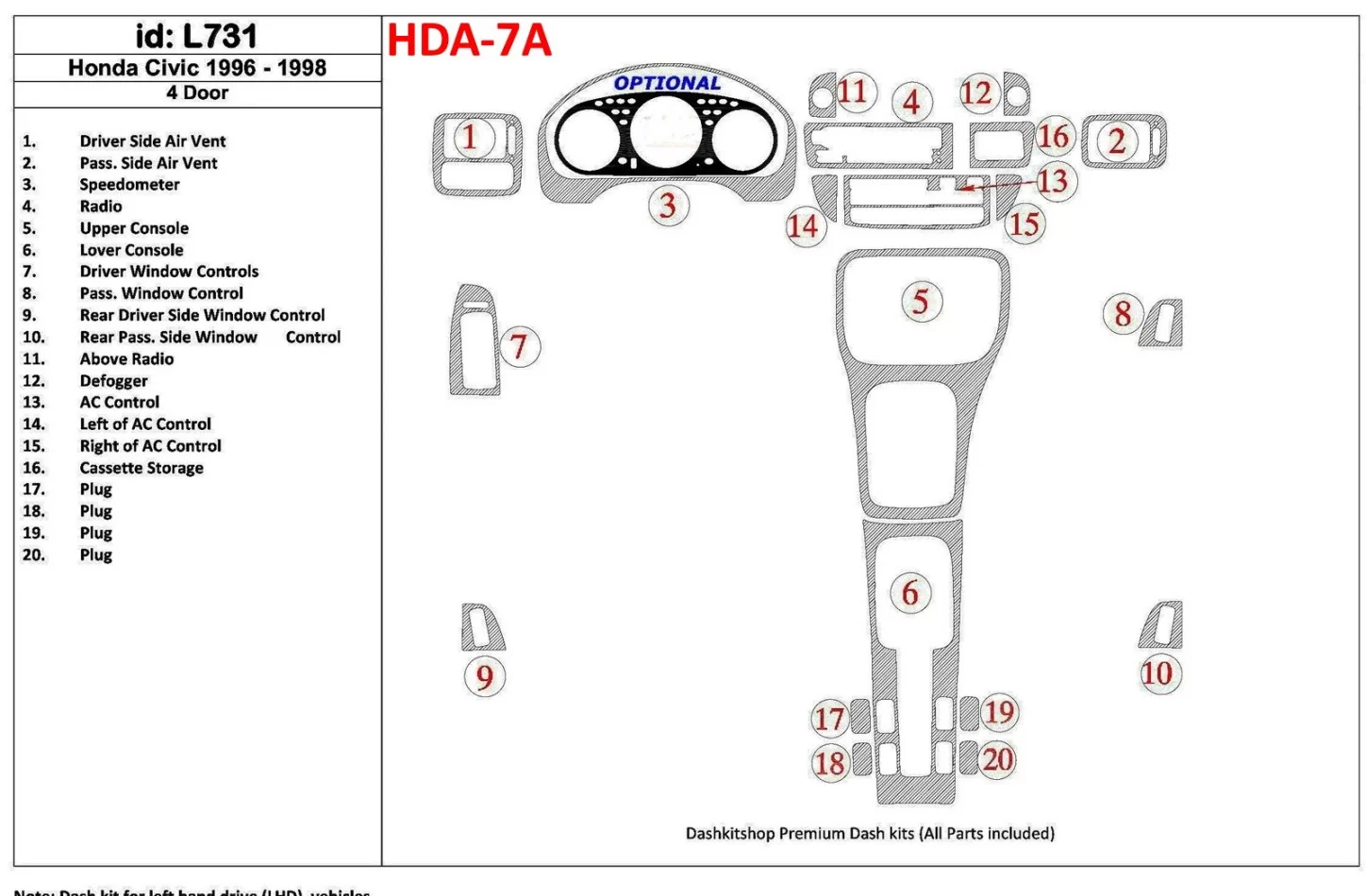 Honda Civic 1996-1998 4 dvere, kompletná sada, sada 20 dielov Interiér BD Dash Trim Kit - 1