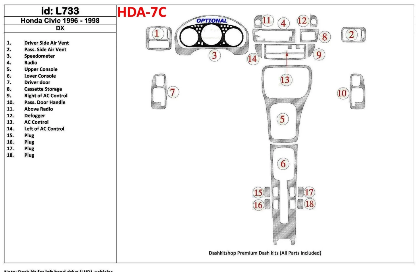 Honda Civic 1996-1998 DX, súprava 18 dielov Interiér BD Dash Trim Kit - 1