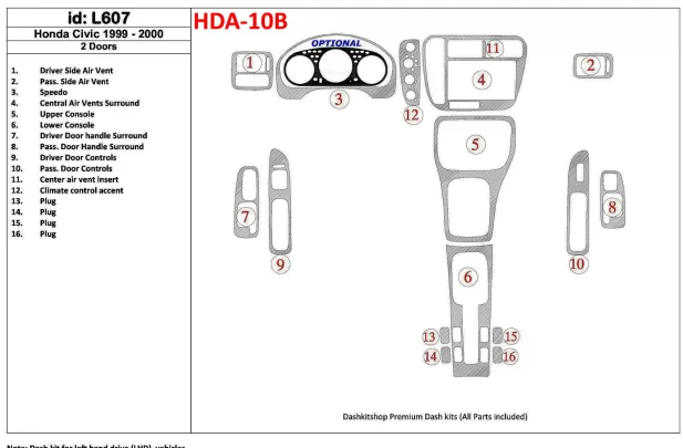 Honda Civic 1999-2000 2 dvere 16 súprava dielov Interiér BD Dash Trim Kit - 1