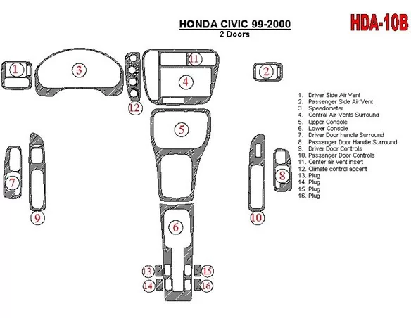 Honda Civic 1999-2000 2 dvere 16 súprava dielov Interiér BD Dash Trim Kit
